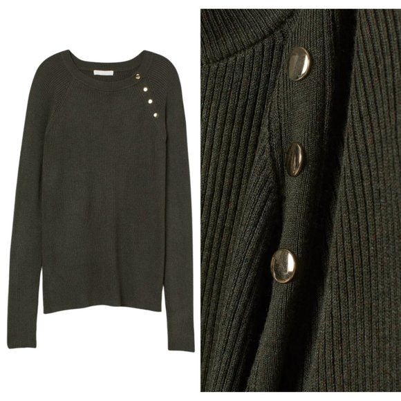 Ribbed Sweater Button-Trim Cotton-Blend Knit Long Sleeve Top Hunter green SZ XS - Picture 2 of 16